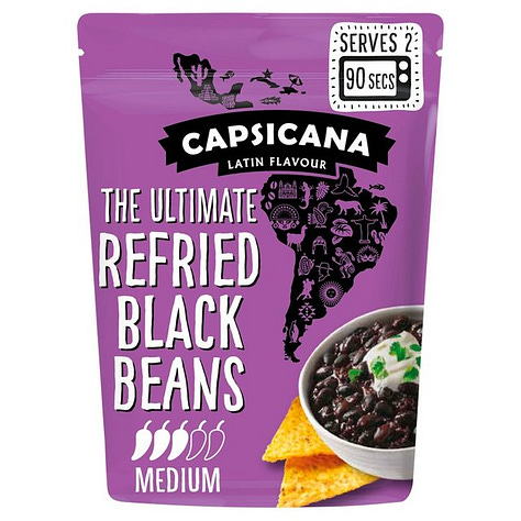 3 product images: fava beans, pre-chopped garlic, refried beans.
