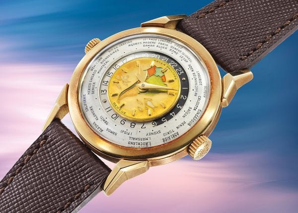 A 1953 Patek Philippe Two-Crown World-Time Ref. 2523 with 'South America' cloisonné enamel dial, included in the Phillips Geneva Watch Auction: XXIII.