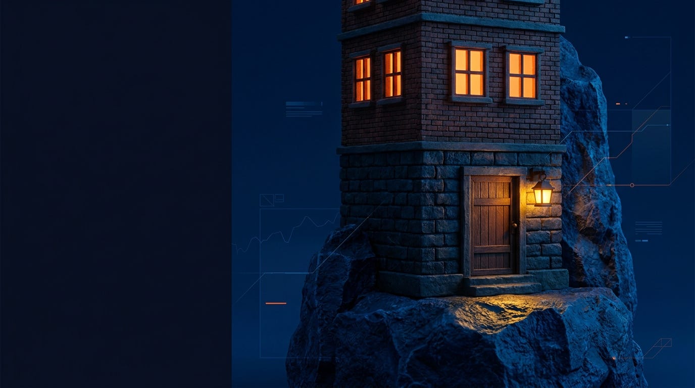 A building on bedrock with lit windows — the owned-audience business A building on bedrock with lit windows — the owned-audience business