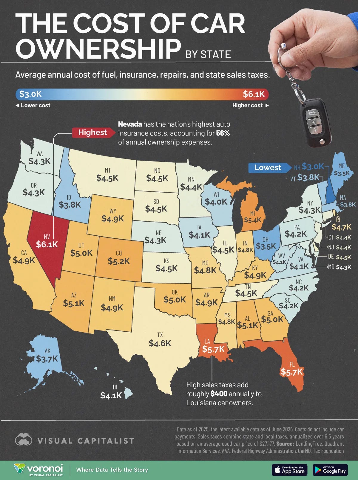 Map showing the annual cost of car ownership by state. Map showing the annual cost of car ownership by state.