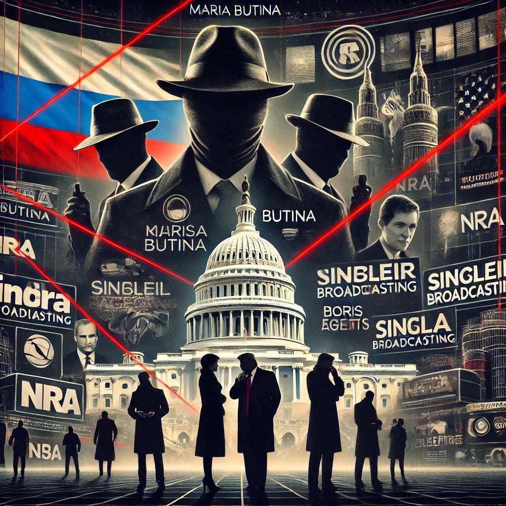 A dramatic digital illustration of Russian espionage infiltrating American institutions. The image features shadowy figures in business suits, symbolizing covert operatives, whispering into the ears of high-profile American political figures. A background collage includes the Kremlin, the NRA logo, media networks like Sinclair Broadcasting, and silhouettes of sleeper agents. A red thread connects figures like Maria Butina, Boris Epshteyn, and Anna Chapman to key U.S. institutions, emphasizing foreign influence. The atmosphere is dark, with a mix of surveillance imagery, digital hacking elements, and propaganda symbols, conveying the depth of the infiltration.
