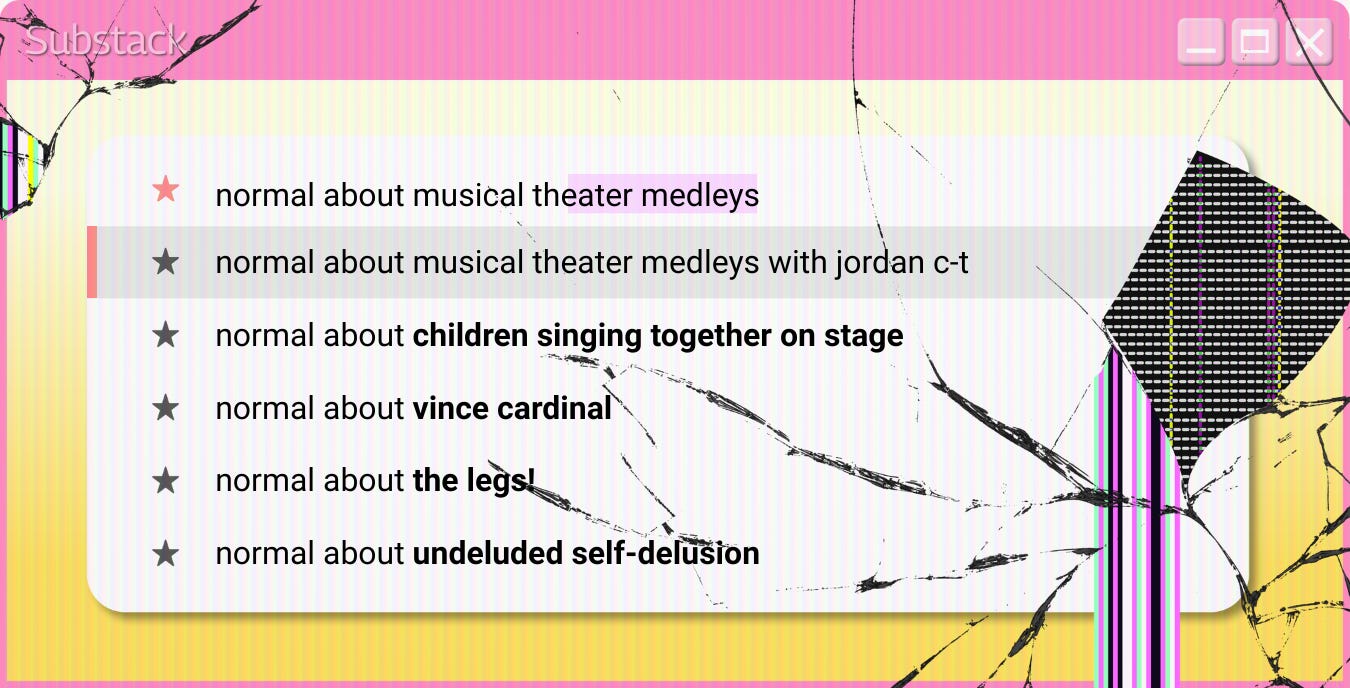 A cracked screen header with musical theater themed entries in the search bar.
