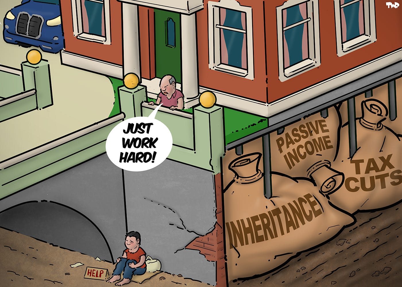 A cartoon depicting a luxury villa with an expensive car parked next to it. The driveway to the villa is a bridge; under the bridge sits a homeless man holding a sign saying "Help." From the driveway, the villa owner calls out to him: "Just work hard!" On the side, we see a cross-section of the land beneath the villa; the foundation is made up of money bags labeled "inheritance," "passive income," and "tax cuts."