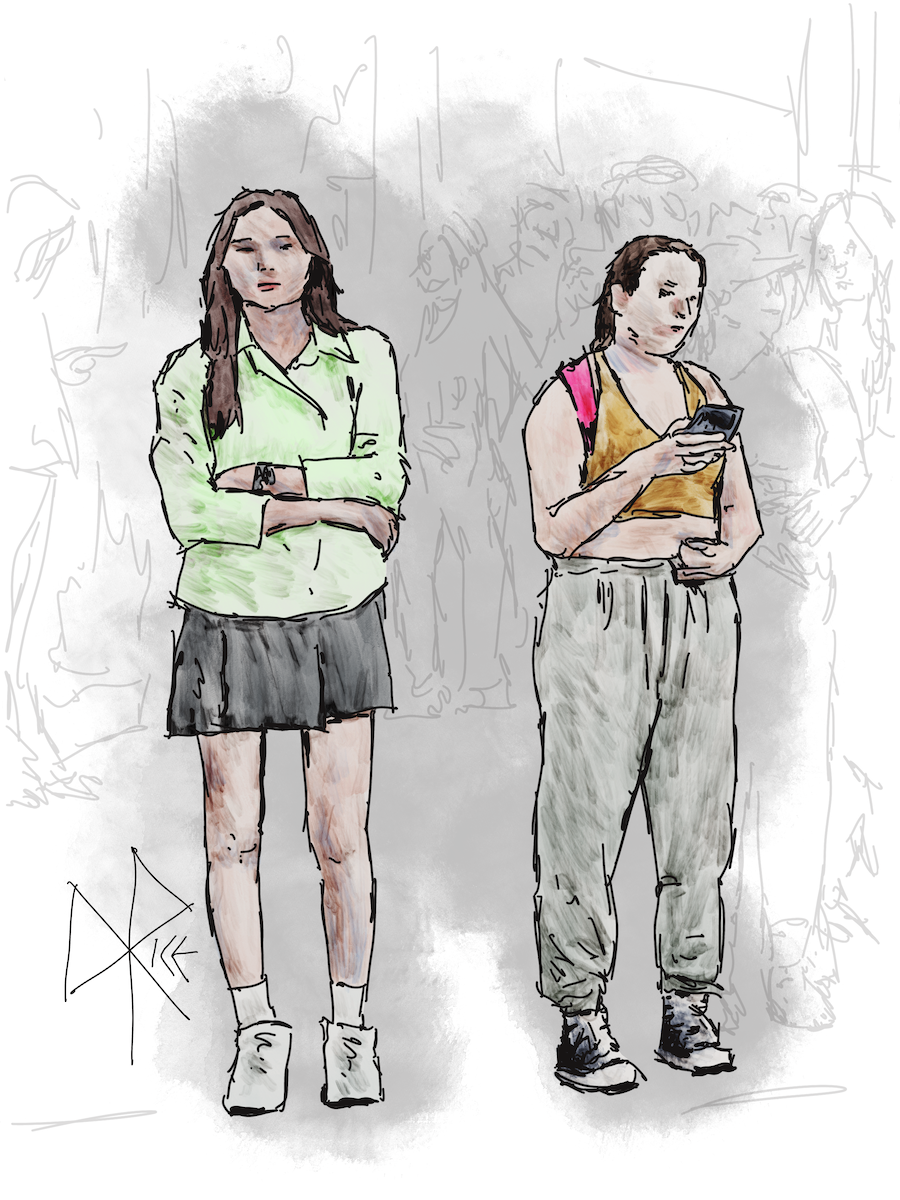 People milling about on a busy sidewalk as some stand near the curb, waiting for the light to change. Sketch art by Don Rice. People milling about on a busy sidewalk as some stand near the curb, waiting for the light to change. Sketch art by Don Rice.