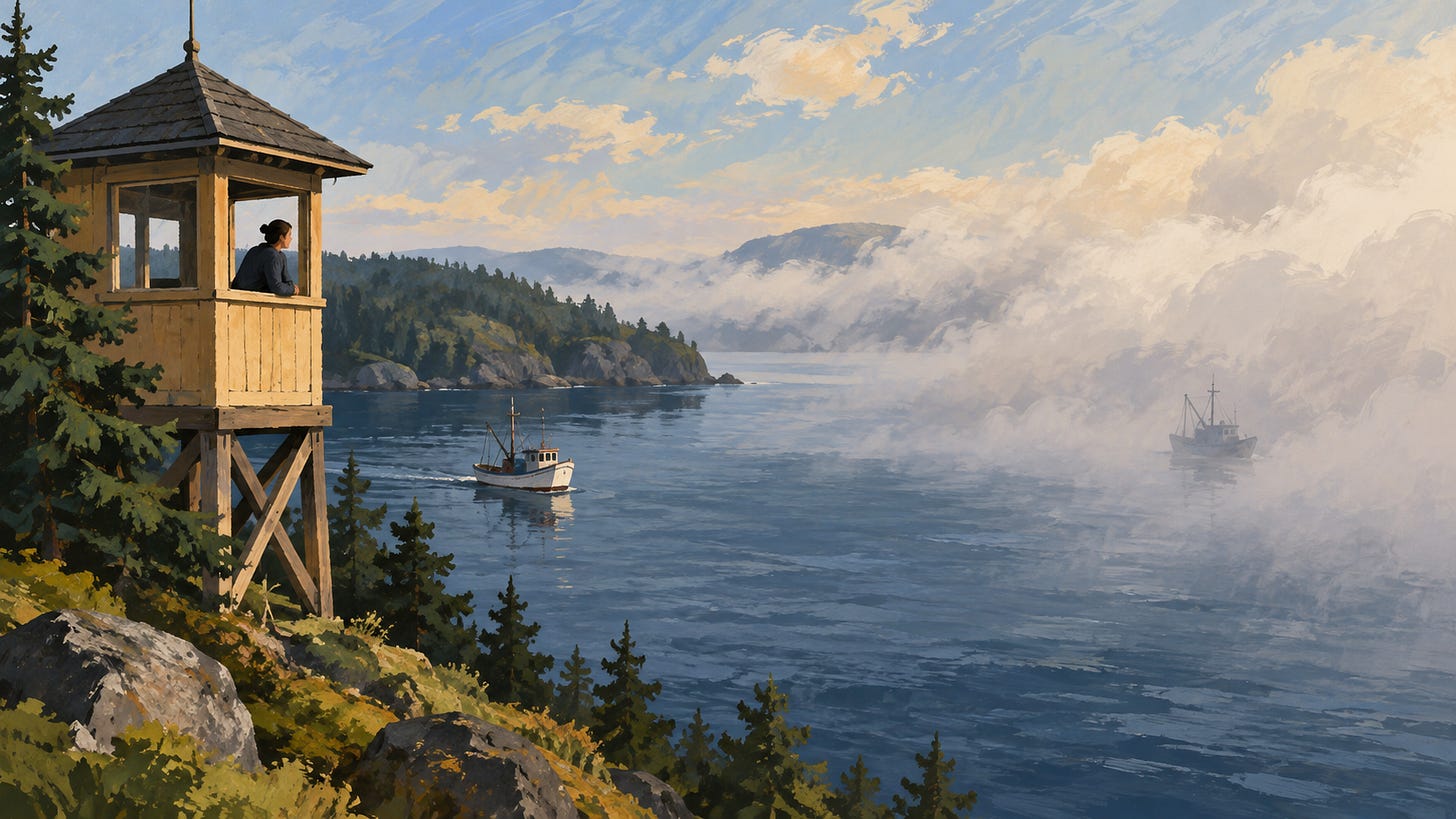 Painted scene of a person in a shoreline lookout watching two boats, one clearly visible and the other partly hidden by fog. Painted scene of a person in a shoreline lookout watching two boats, one clearly visible and the other partly hidden by fog.