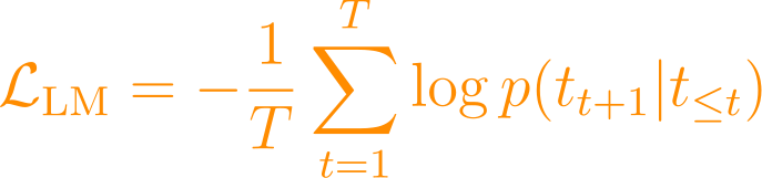 \mathcal{L}_{\text{LM}} = -\frac{1}{T}\sum_{t=1}^{T} \log p(t_{t+1} | t_{\leq t})
