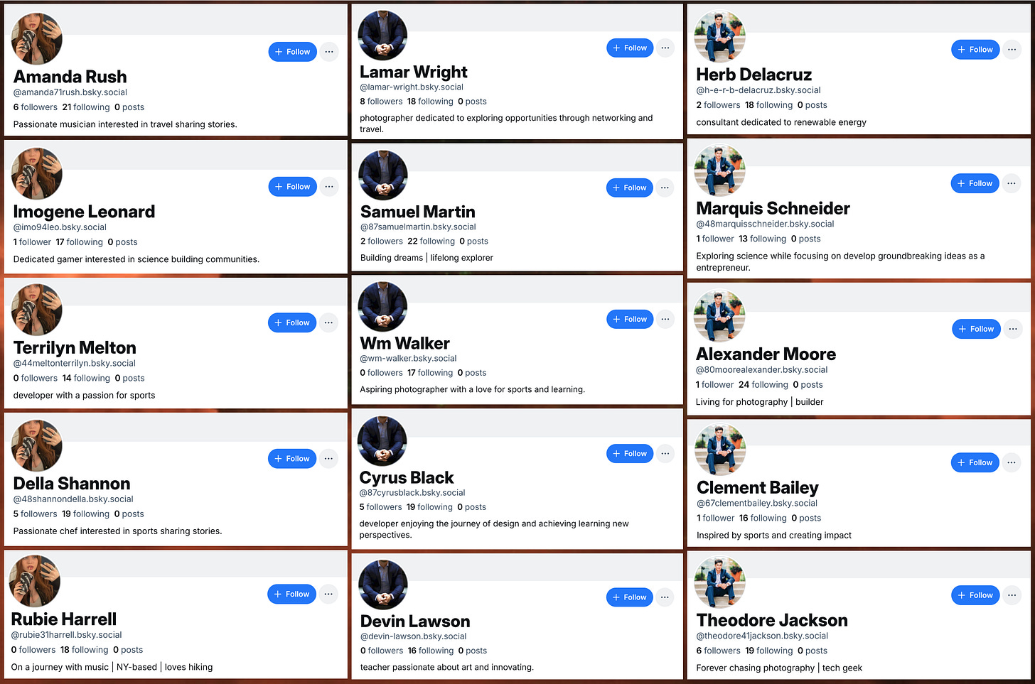 screenshots of Bluesky accounts with identical profile photos