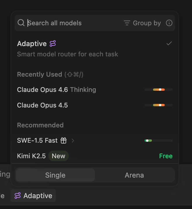 Adaptive selected in the Windsurf model picker