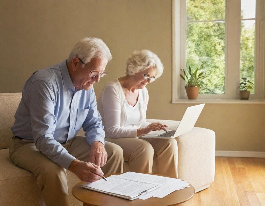 80-year-old white couple sits on couch with window to their left showing green tree foliage. Woman is working at keyboard of a laptop. Man is using pencil to check spreadsheet.