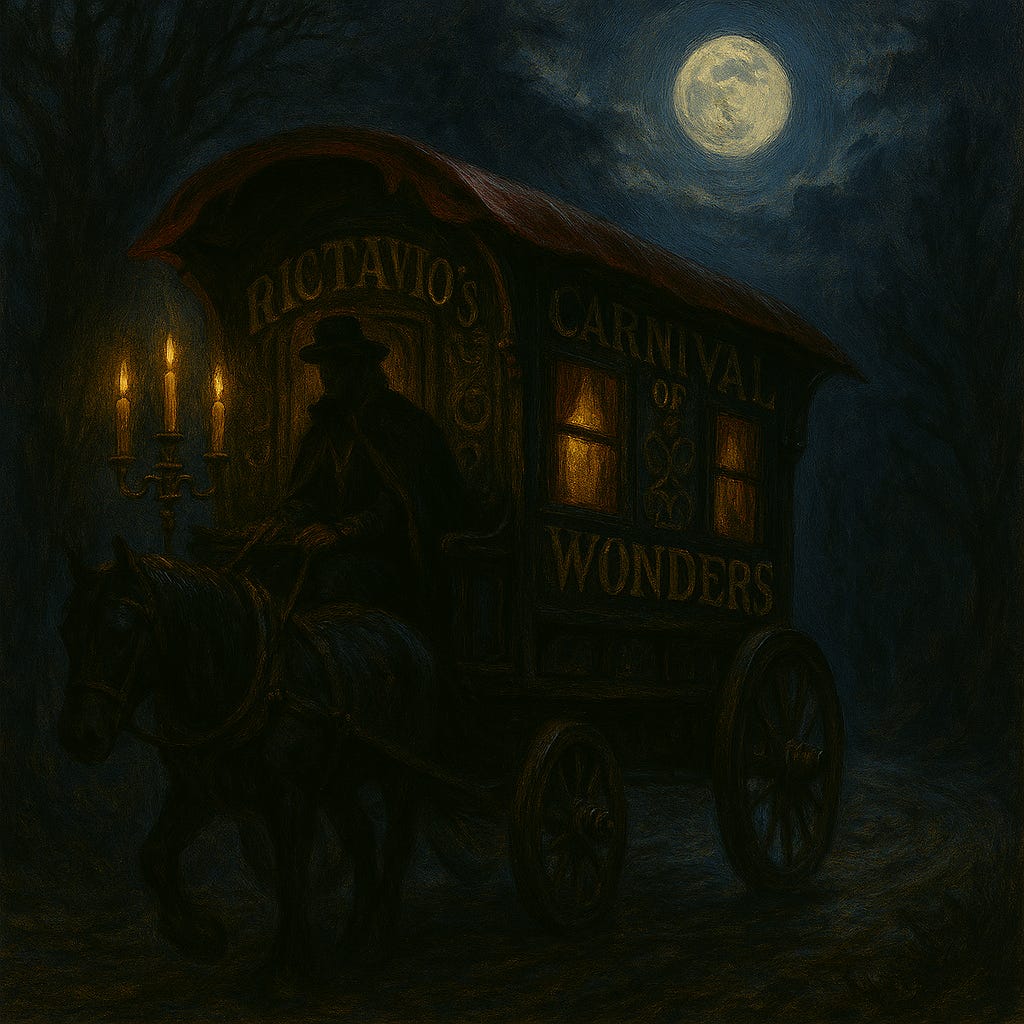 A dark fantasy illustration of a wagon from 'Rictavio's Carnival of Wonders' traveling along a moonlit road. The wagon is ornate and mysterious, with carved wooden panels, faded carnival paint in deep purples and golds, and arcane symbols etched into its sides. Lanterns hang from its corners, casting flickering light onto the misty path. The road winds through a shadowy forest, with gnarled trees and drifting fog illuminated by pale moonlight overhead. The wagon's wheels are large and iron-bound, creaking as it moves. A raven perches on the roof, and faint music or whispers seem to echo from within. The atmosphere is eerie, magical, and steeped in gothic mystery.
