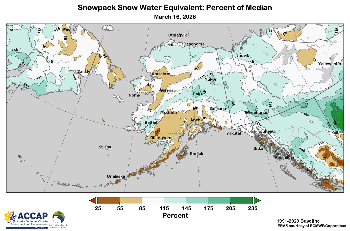 Map centered on Alaska with selected communities marked, showing the snowpack snow water equivalent as a percent of the 1991-2020 median using ERA5 Land data. 