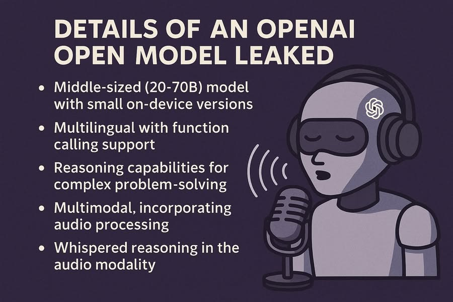 May be a graphic of text that says 'DETAILS OF AN OPENAI OPEN MODEL LEAKED Middle-sized sized (20-70B) model with small on on-device versions •Multilingual with function calling support Reasoning capabilities for complex problem-solving ((( Multimodal, incorporating audio processing EE II Whispered reasoning in the audio modality'