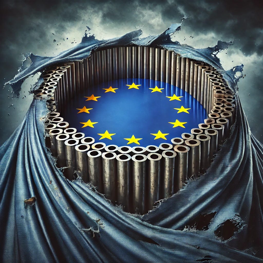 A visually striking image of a European Union flag that appears to be crumbling and peeling away. Beneath the torn fabric, a solid steel-reinforced core is emerging, symbolizing resilience and strength. The steel has a polished, industrial look, with rivets and beams reinforcing its structure. The background is dark and stormy, emphasizing the contrast between the fragile outer layer and the hardened core. The image conveys a shift from idealism to realism, with a dramatic and intense atmosphere.