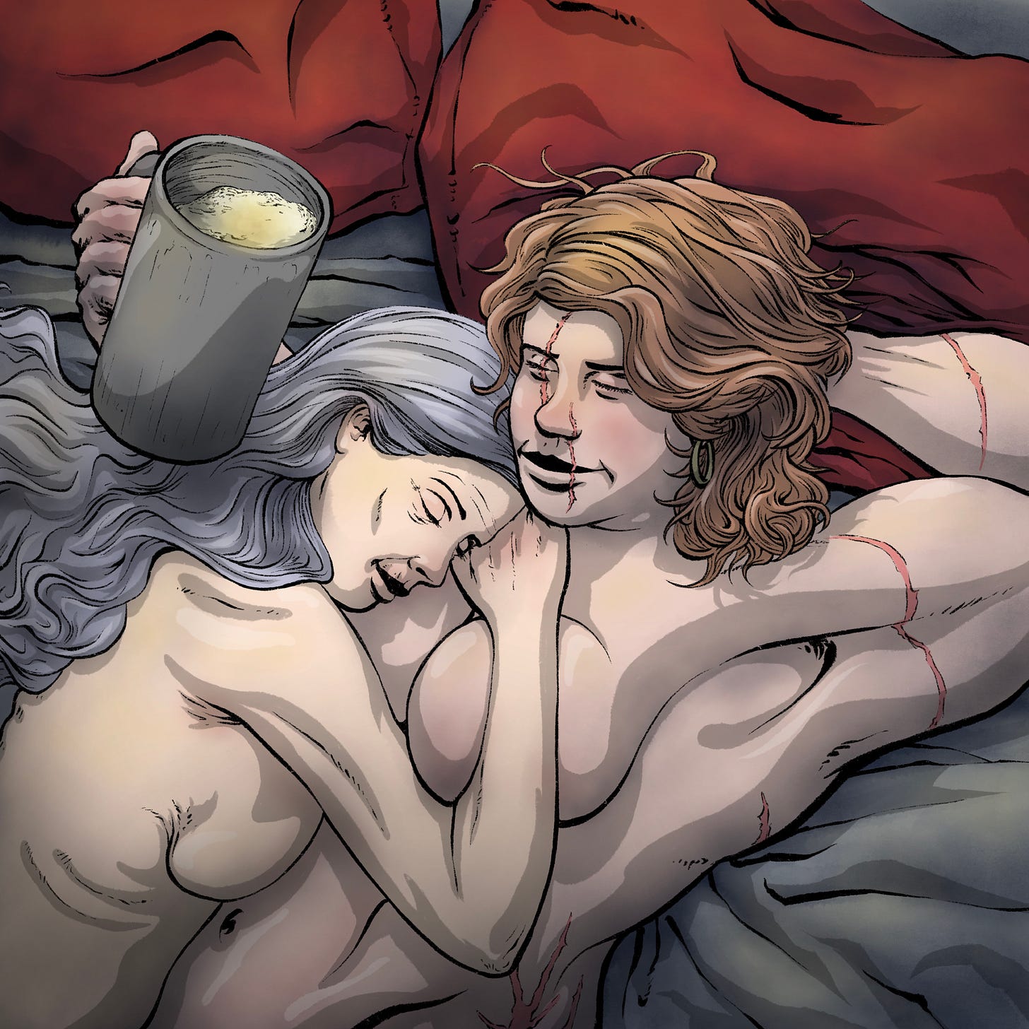 Two women lay naked in bed together, enjoying each other's company — one aging, and the other far older and more scarred than she seems.