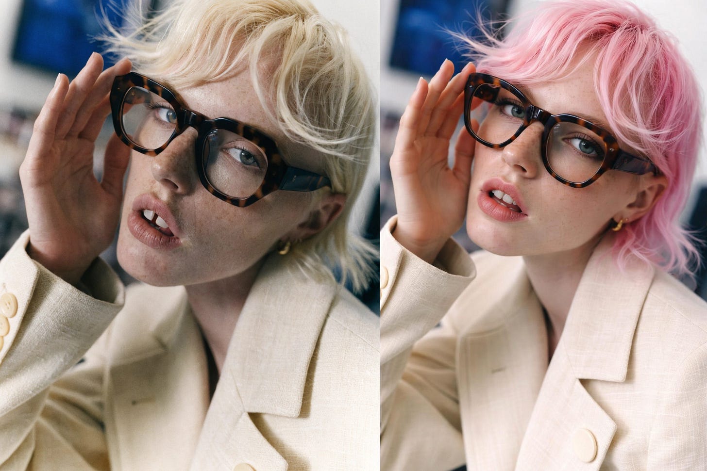 Side-by-side images of a white woman with short hair wearing glasses; the first image she has blonde hair, in the second she has pink hair and the image is zoomed out slightly