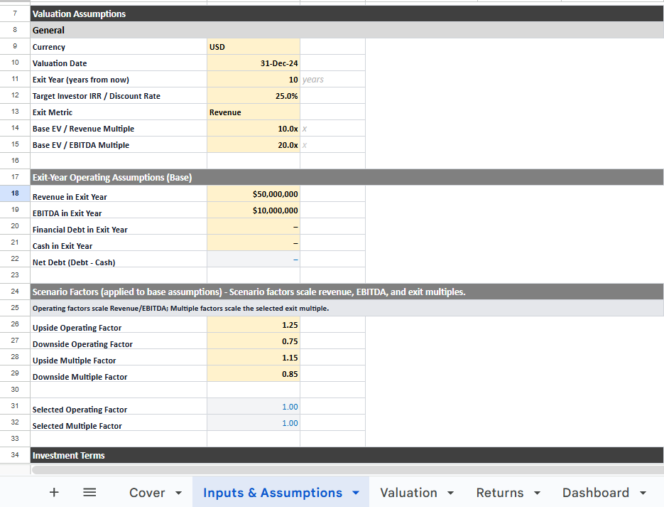 Excel spreadsheet screenshot of the VC Method Inputs and Assumptions tab, displaying editable yellow cells for revenue at exit, EBITDA, exit multiples, IRR targets, dilution factors, and scenario modifiers used to model startup valuations and investor returns. Excel spreadsheet screenshot of the VC Method Inputs and Assumptions tab, displaying editable yellow cells for revenue at exit, EBITDA, exit multiples, IRR targets, dilution factors, and scenario modifiers used to model startup valuations and investor returns.