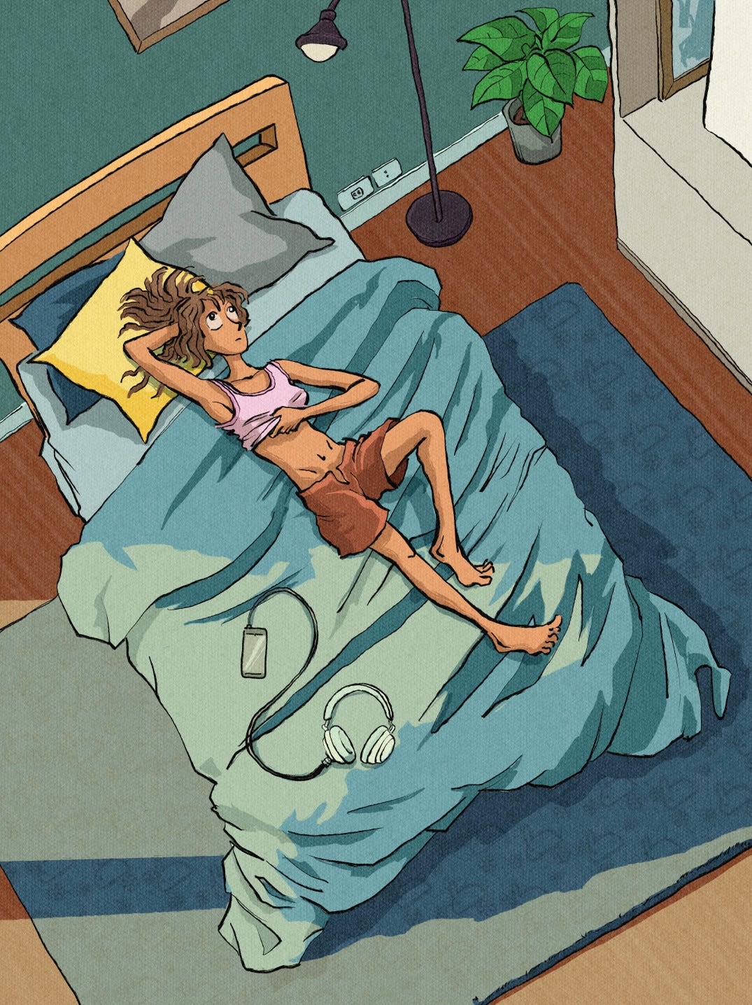 A high-angle, top-down view of a woman lying on a bed with white sheets, softly lit by warm sunlight filtering through window blinds. She is wearing a dark tank top and dark shorts, with her right arm resting above her head. Beside her on the duvet lie a smartphone and tangled headphones. Her expression is thoughtful as she stares up at the ceiling.