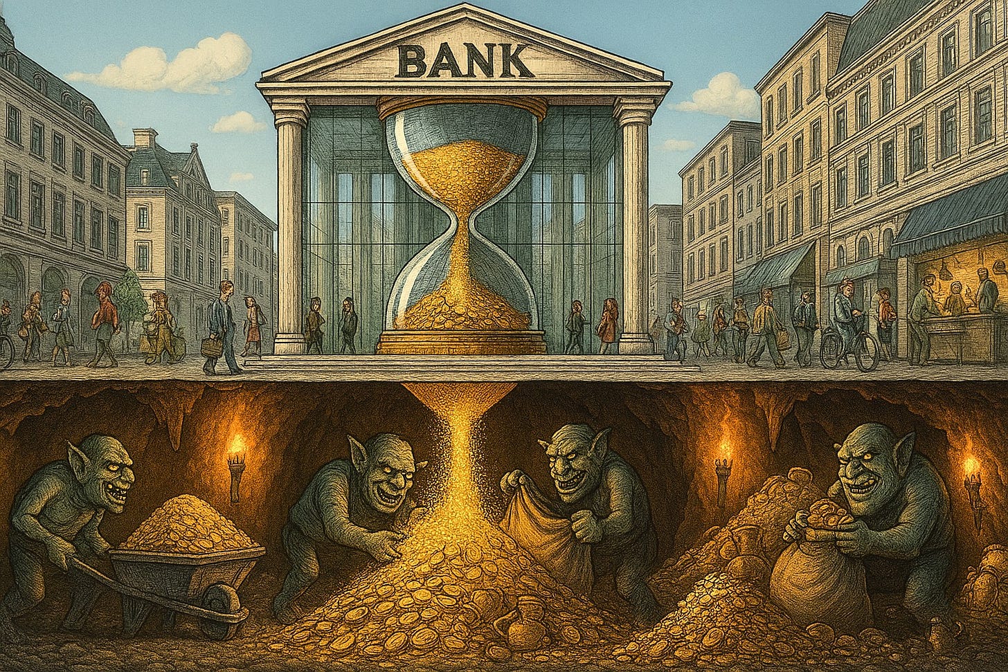 Illustration of a transparent bank building revealing a giant hourglass, with gold dust flowing from the vibrant city above ground down to greedy trolls hoarding it in a dark cavern below.