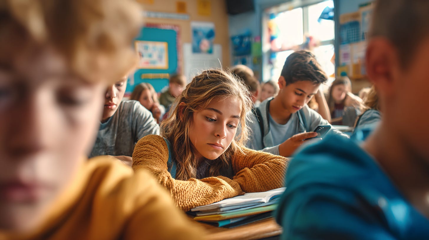 A middle school classroom scene where students appear disengaged. A girl in a mustard sweater rests her arms on her desk, eyes downcast. Behind her, a boy looks at his phone. Other students in the background appear unfocused or turned away. Warm afternoon light fills the room.