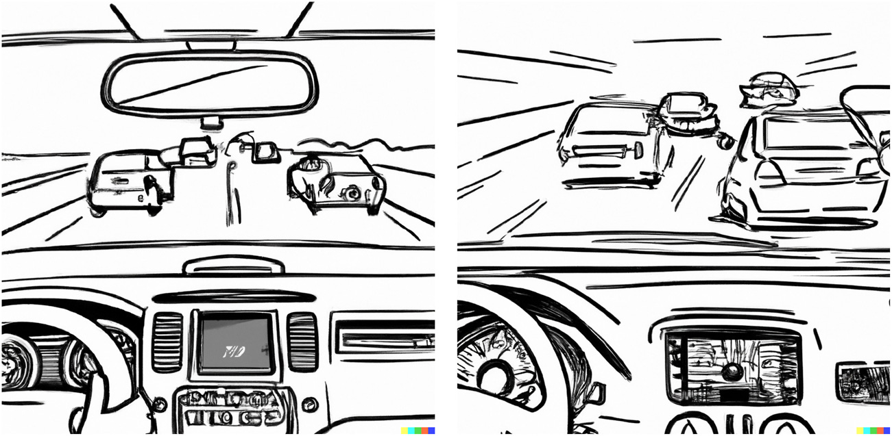 The left image shows the car driving on a busy highway, the right image shows another car cutting in from the right. The left image shows the car driving on a busy highway, the right image shows another car cutting in from the right.