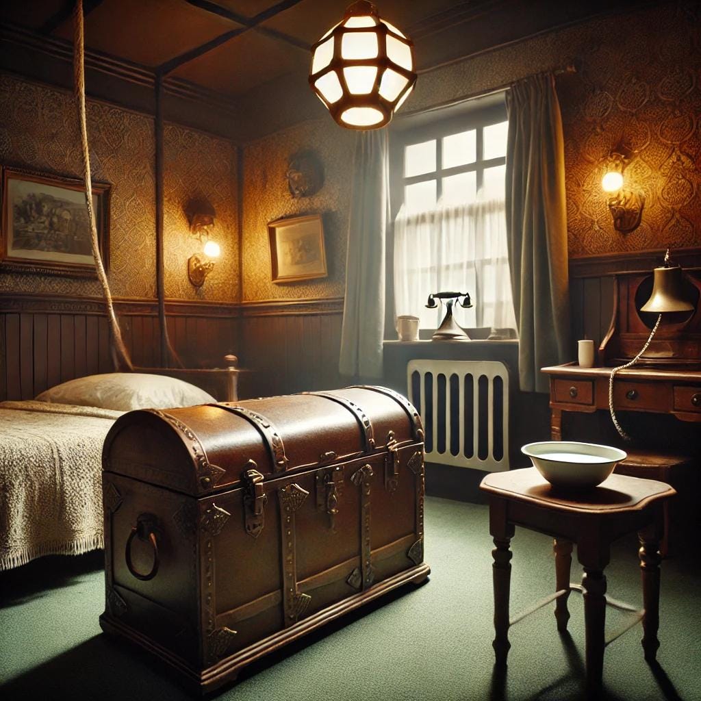 Vintage-style room with patterned wallpaper and wooden paneling, featuring a single bed with a metal frame, a large ornate chest, and small tables with an old-fashioned telephone and a washbowl. The room is lit by natural light from a window with sheer curtains and a hexagonal ceiling light fixture, creating a warm and nostalgic ambiance.