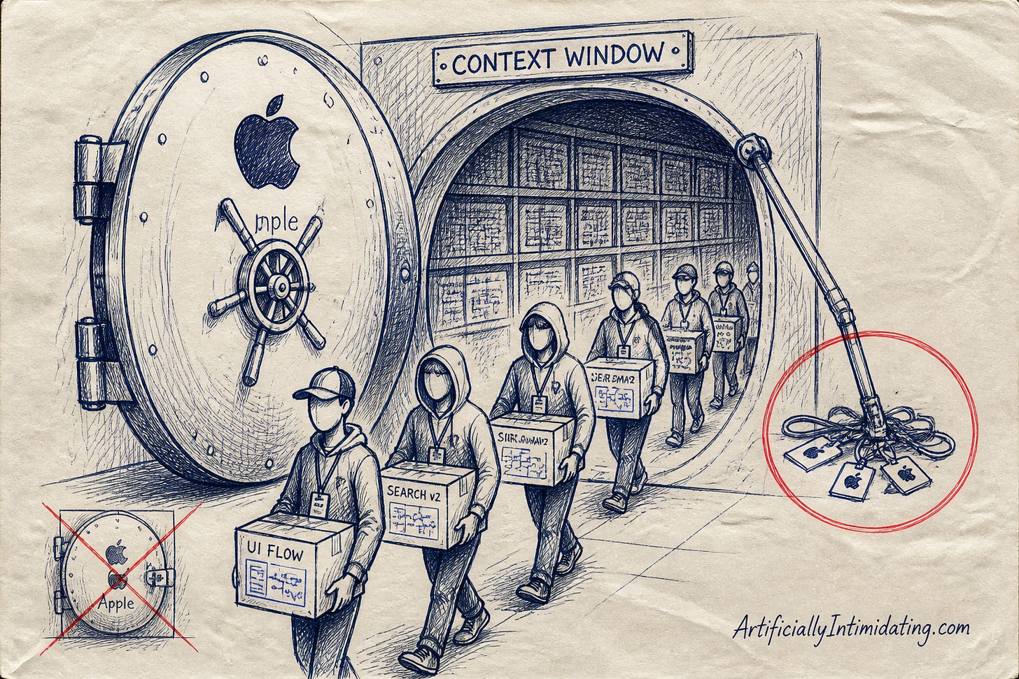 Editorial cartoon: hooded figures carry boxes of blueprints out of an open Apple-branded vault while a pile of uncollected employee badges sits circled in red