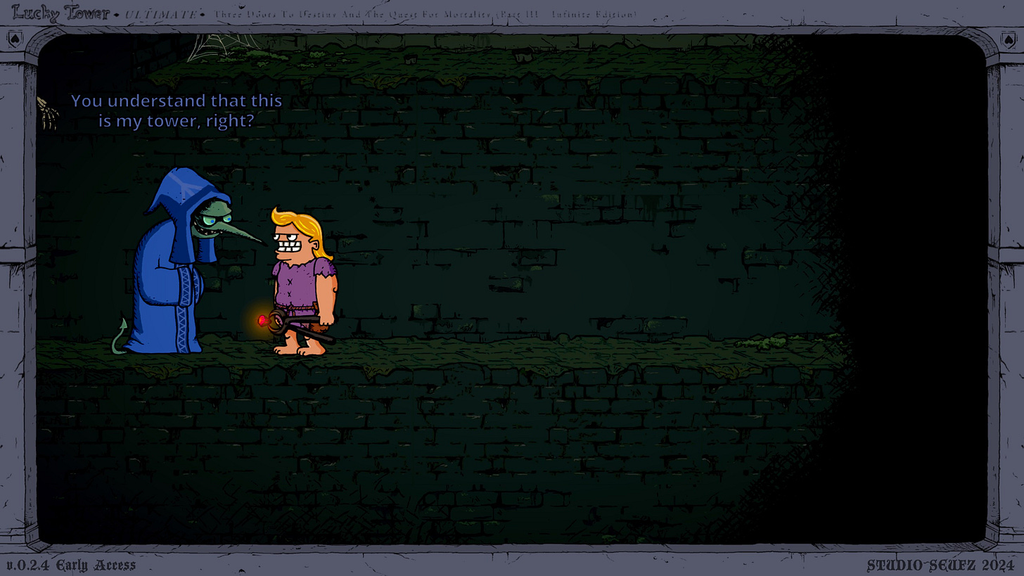 A screenshot of Lucky Tower Ultimate, showing Evelius and Von Wanst face to face as Evelius says "You understand that this is my tower, right?"