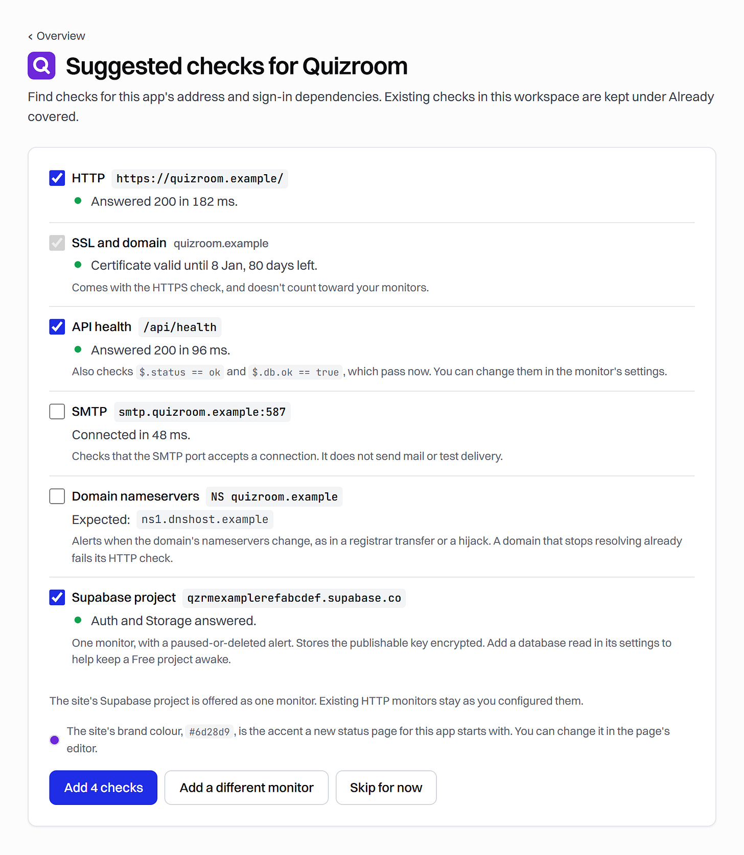 Staygreen's suggested checks for the sample app Quizroom: the website, its SSL certificate, an API health route and the site's Supabase project ticked, SMTP and nameservers offered unticked, and an Add 4 checks button