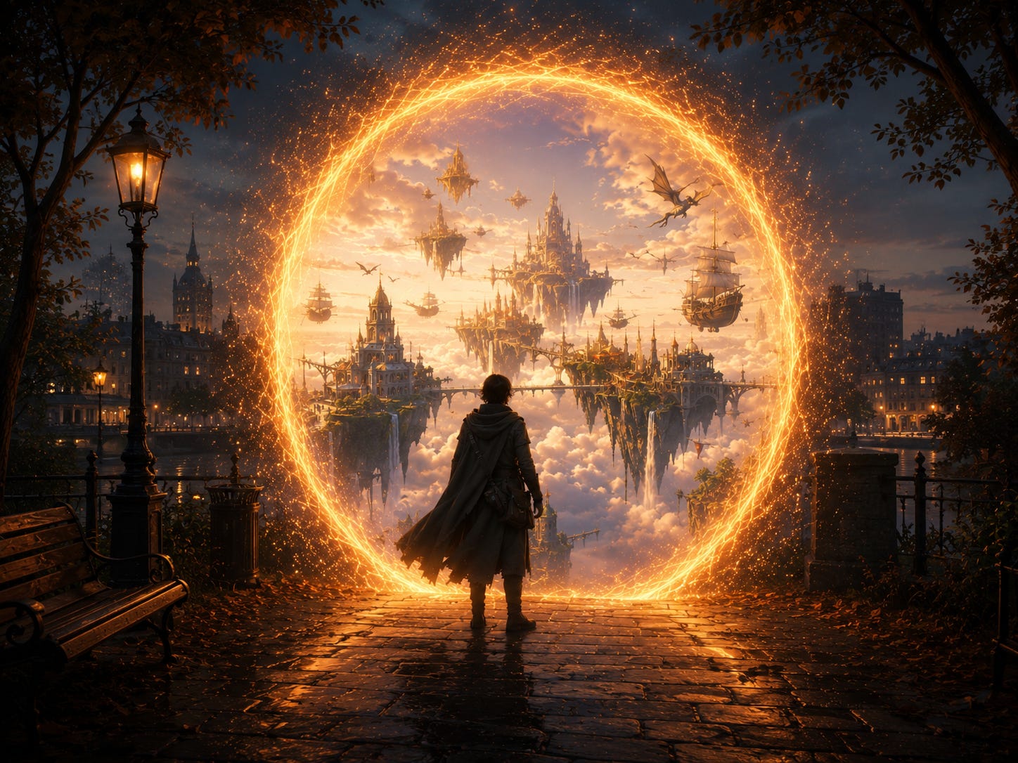 A glowing golden portal opens in a city overlook at dusk, revealing a breathtaking world of floating islands, sky cities, and drifting airships suspended above glowing clouds. A cloaked figure stands before the portal, facing the floating world beyond.