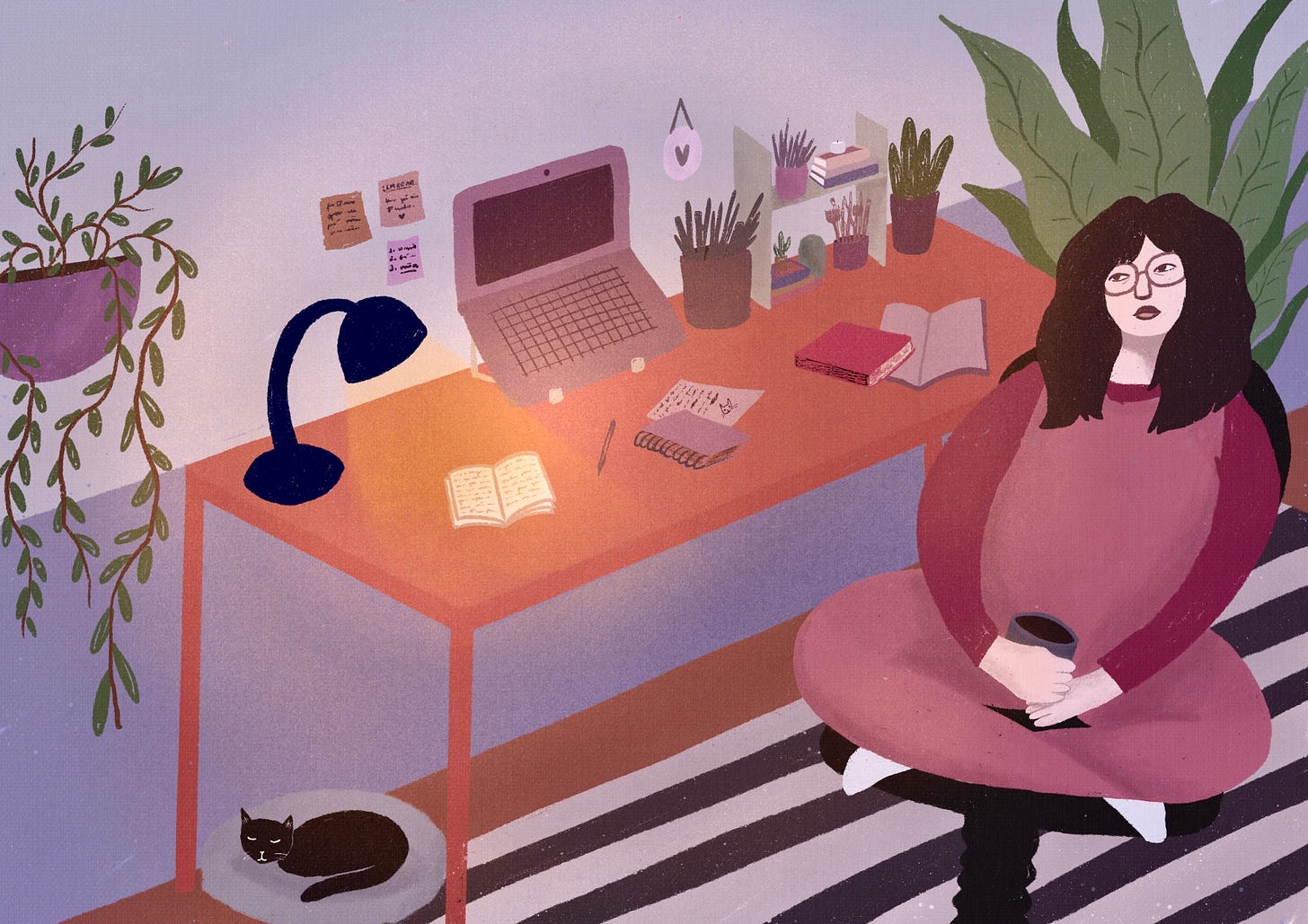 Na ilustração, é possível ver uma mulher de cabelos escuros e o que parece ser um pijama rosado sentada em frente à sua escrivaninha. Na mesa, há um notebook, vários livros e cadernos abertos, plantas e uma luminária acesa. No chão, há um tapete listrado e um gato preto dormindo em sua cama. Duas outras plantas aparecem nos cantos da imagem.
