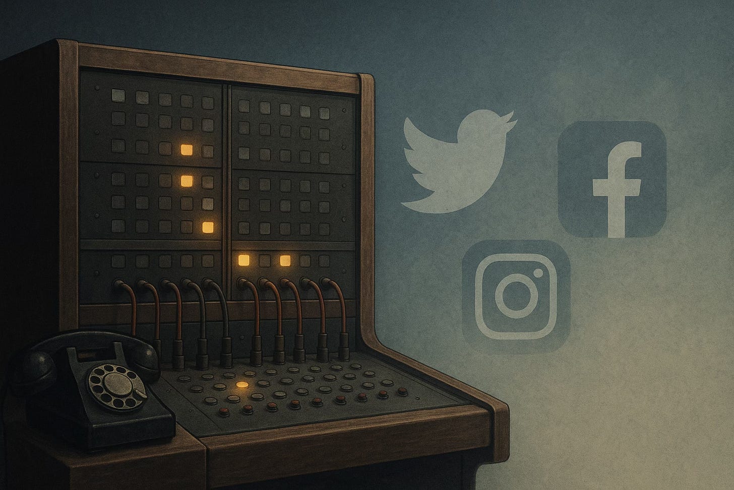 Horizontal illustration of an old-fashioned telephone switchboard with a few glowing lights. Behind it, faded icons of Twitter/X, Facebook, and Instagram represent the shift from phone calls to online complaints. Horizontal illustration of an old-fashioned telephone switchboard with a few glowing lights. Behind it, faded icons of Twitter/X, Facebook, and Instagram represent the shift from phone calls to online complaints.