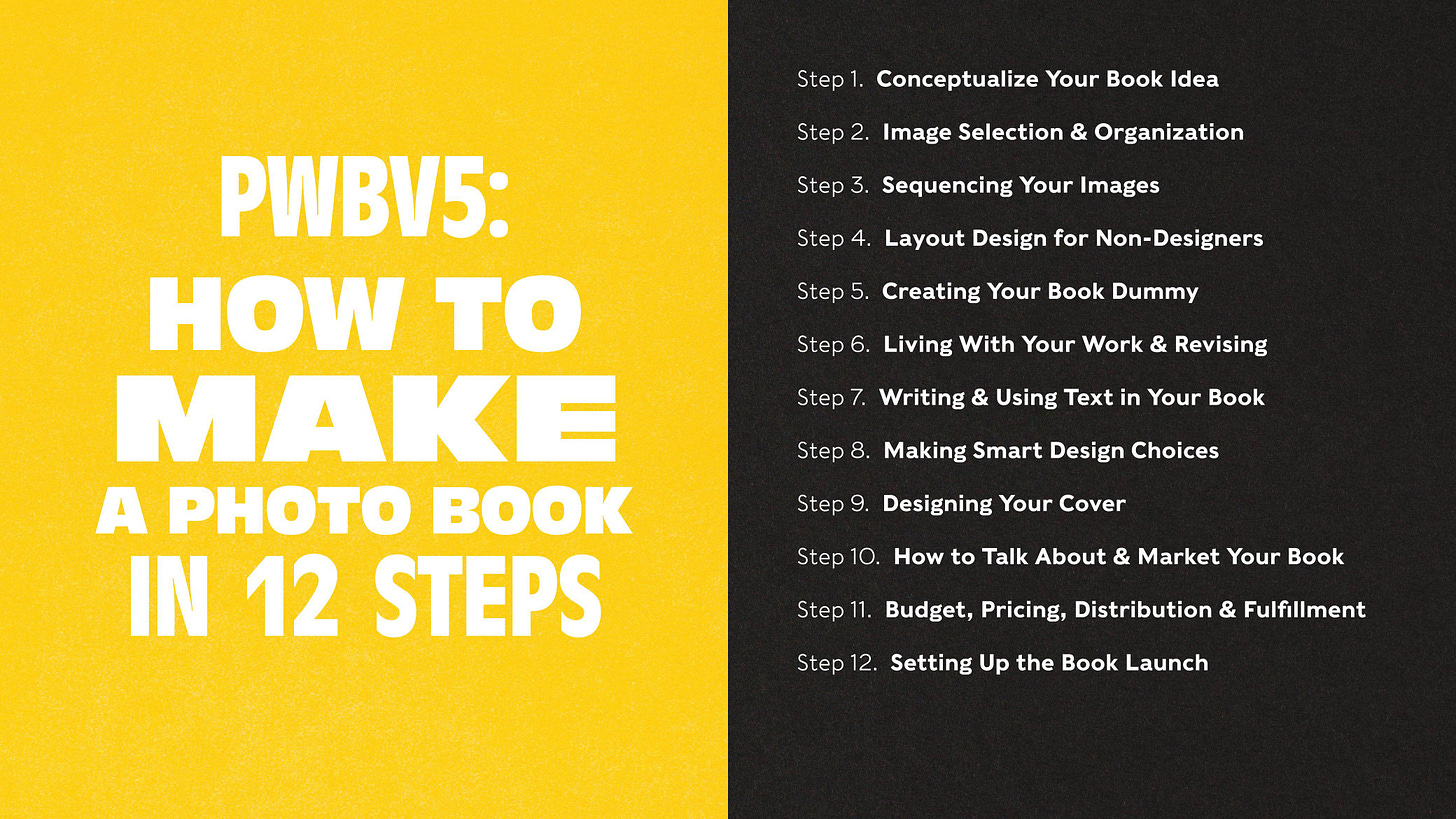 Graphic titled “How to Make a Photo Book in 12 Steps” with a list of steps on a black background. Graphic titled “How to Make a Photo Book in 12 Steps” with a list of steps on a black background.