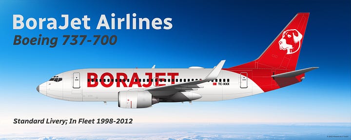 A selection of aircraft formerly operated by BoraJet Airlines: 1) Douglas DC-9, 2) McDonnell Douglas MD-82/83/88, McDonnell Douglas MD-87, 4) Boeing 717-200, and 5) Boeing 737-700 - all shown in side view.