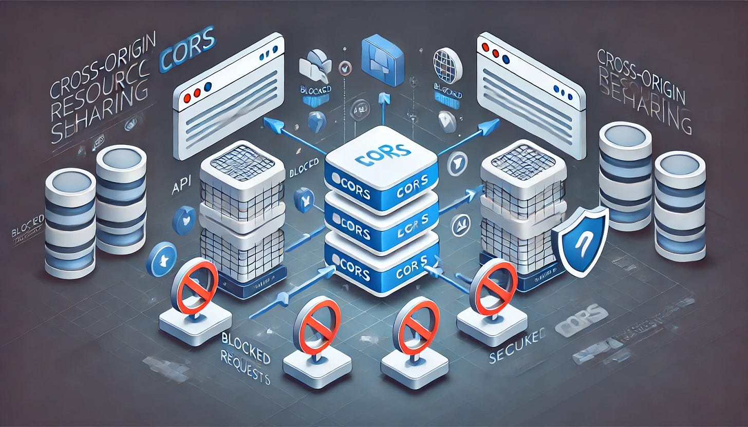 A visually engaging 16:9 image illustrating the concept of Cross-Origin Resource Sharing (CORS) with a modern web application theme. The image should depict two domains (represented by servers or websites) with arrows indicating blocked and allowed requests, highlighting the idea of secure communication between them. Use abstract icons like a browser, API, and a security shield to represent the CORS mechanism. Keep the design clean and professional with a focus on clarity, avoiding any text.