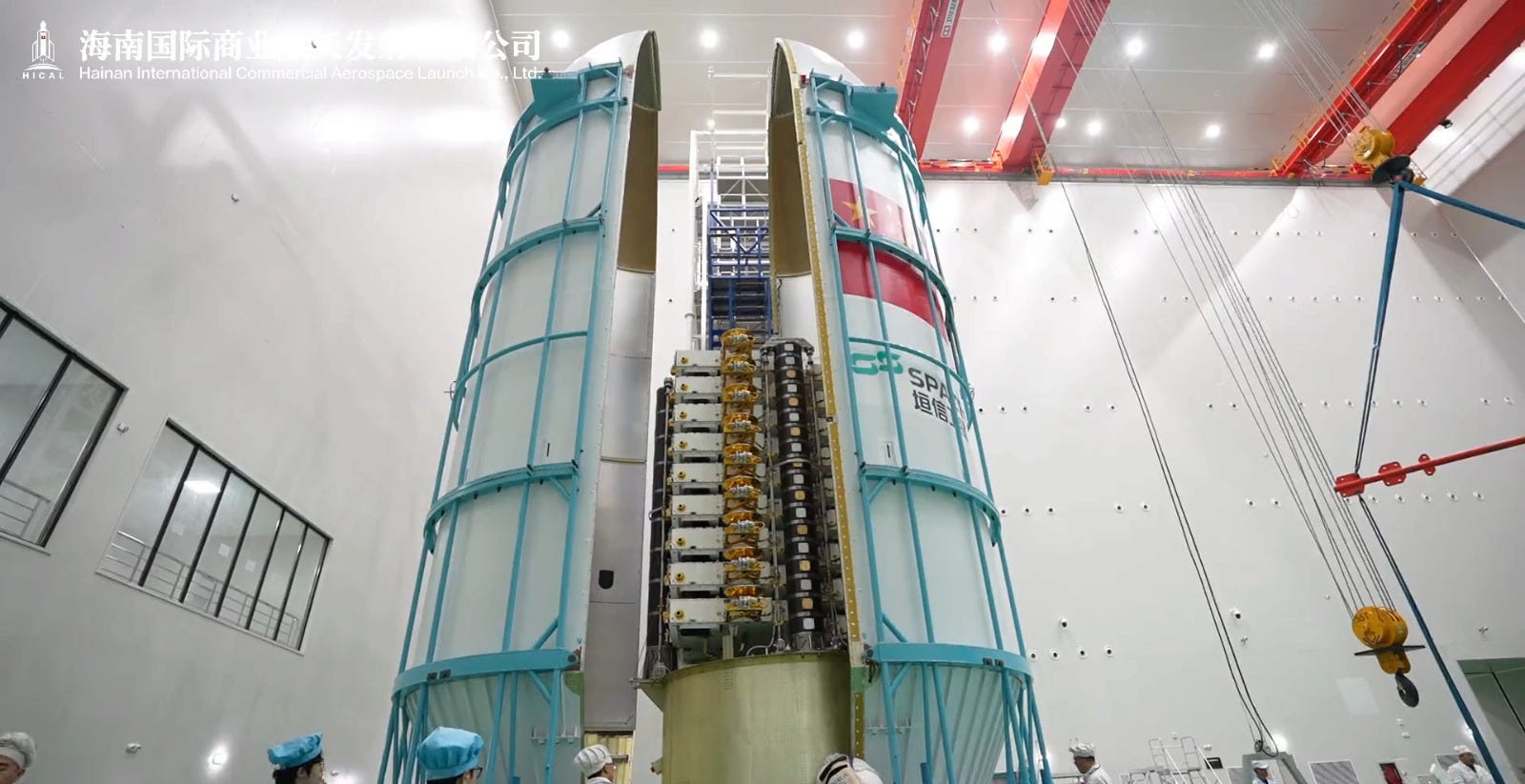 A batch of eighteen Qianfan satellites preparing to launch via a Long March 8 from the Wenchang Commercial Space launch Site in early 2025.