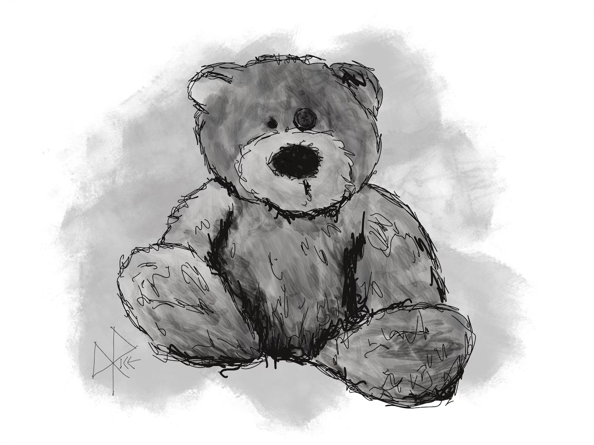 A well-loved stuffed toy bear with one lost eye, which mom has replaced with a button. Sketch art by Don Rice.