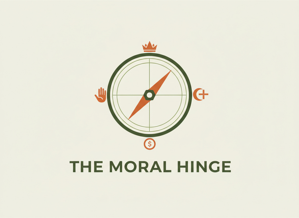 A professional logo for The Moral Hinge featuring a minimalist compass with a burgundy needle pointing toward the intersection of a cross and a ledger symbol, set against a clean parchment background.