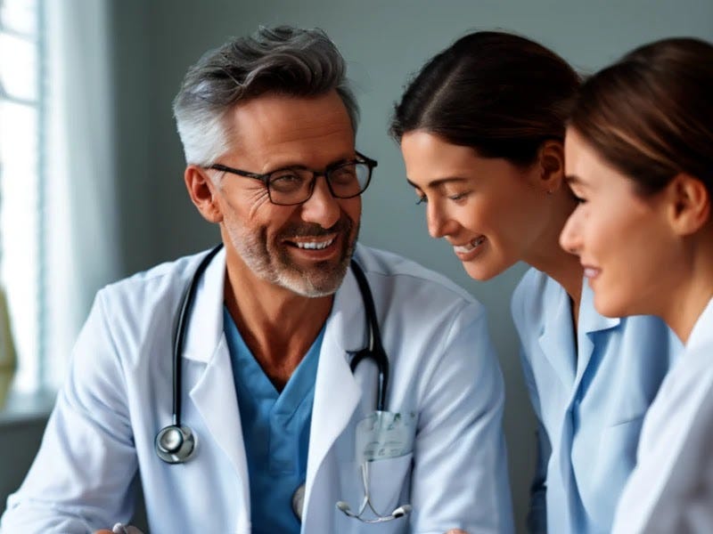 The physician attentively listens to female patient.
