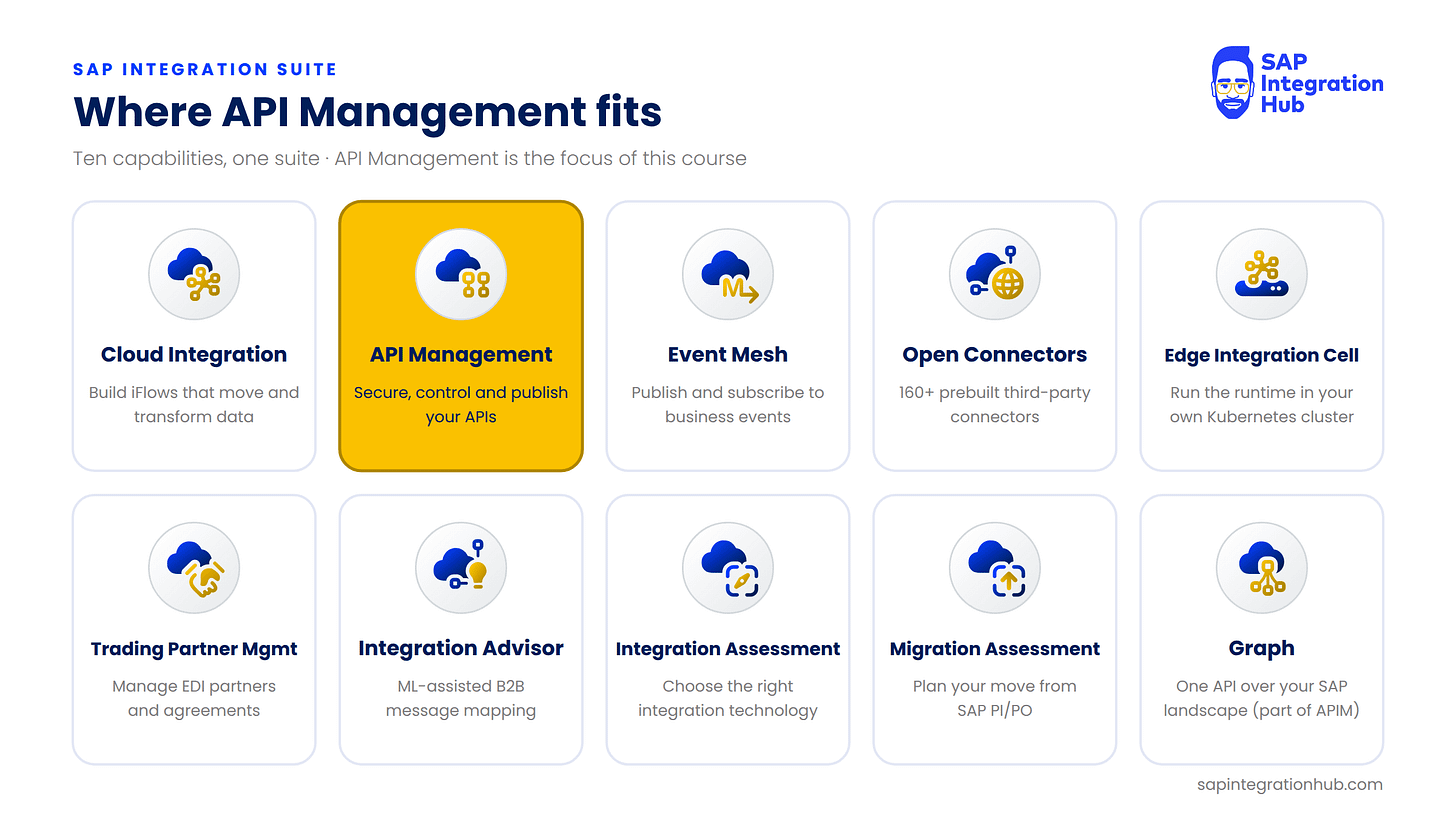The ten main SAP Integration Suite capabilities, with API Management highlighted The ten main SAP Integration Suite capabilities, with API Management highlighted