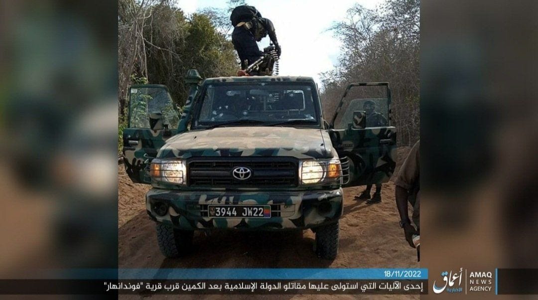 Mozambique: Islamic State affiliate insurgents post details of a November 15 ambush on Tanzania People's Defence Forces military convoy near Mungano, Nangade district