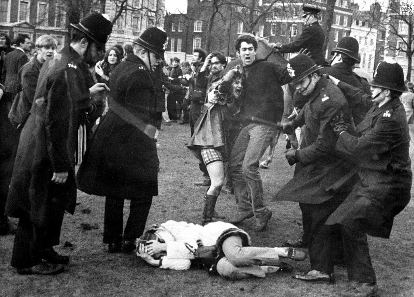 March 17, 1968, London: Anti-Vietnam War demonstrators clash with police outside the U.S. Embassy in Grosvenor Square, highlighting international opposition to the conflict. March 17, 1968, London: Anti-Vietnam War demonstrators clash with police outside the U.S. Embassy in Grosvenor Square, highlighting international opposition to the conflict.
