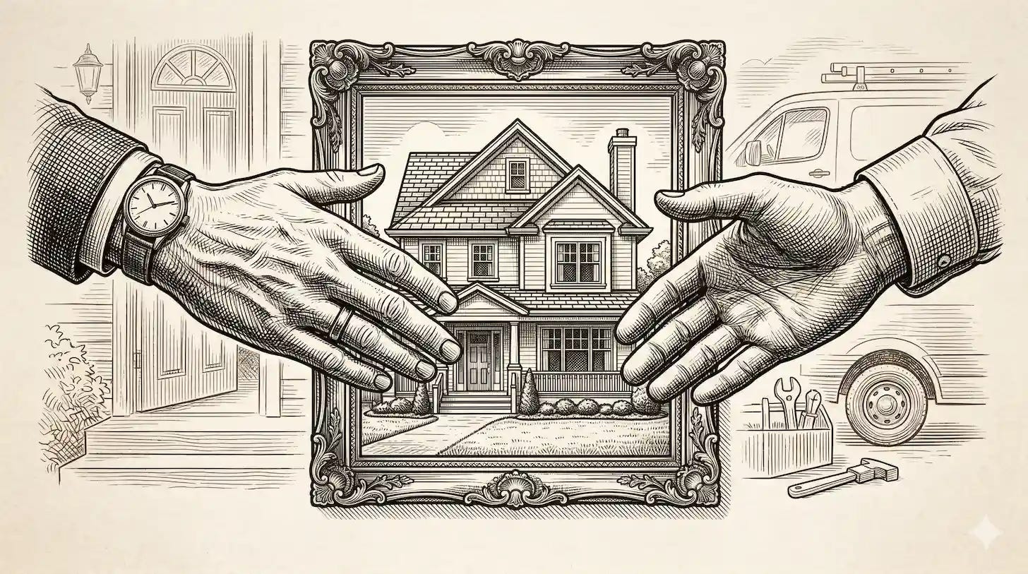 agreement between by homeowner and service technician illustrated by outreached hands in front of photo of residential home