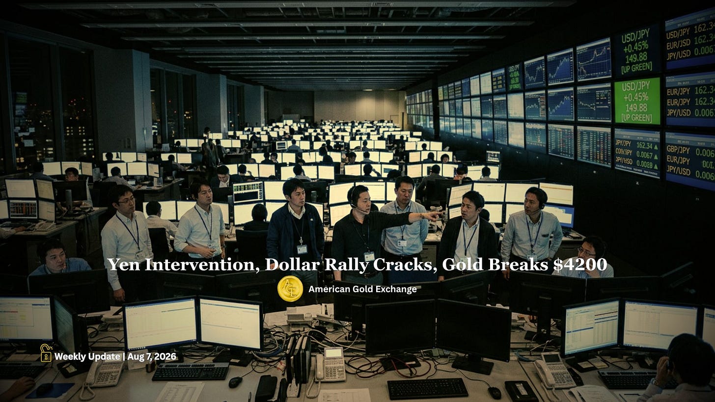 Japanese trading floor with currency screens showing yen intervention and gold breaking $4200 Japanese trading floor with currency screens showing yen intervention and gold breaking $4200