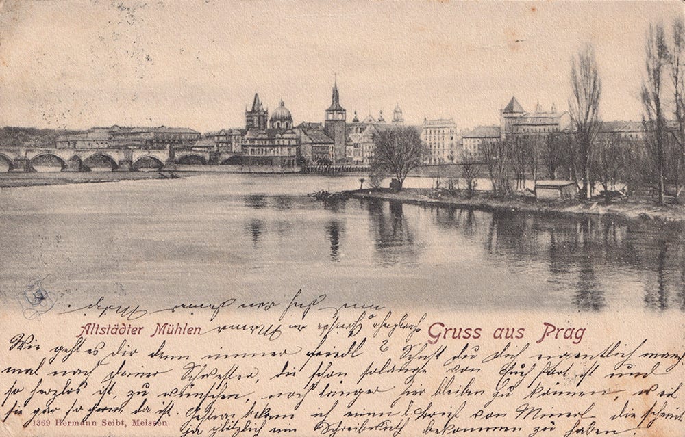 Postcard photograph of old mills in Prague