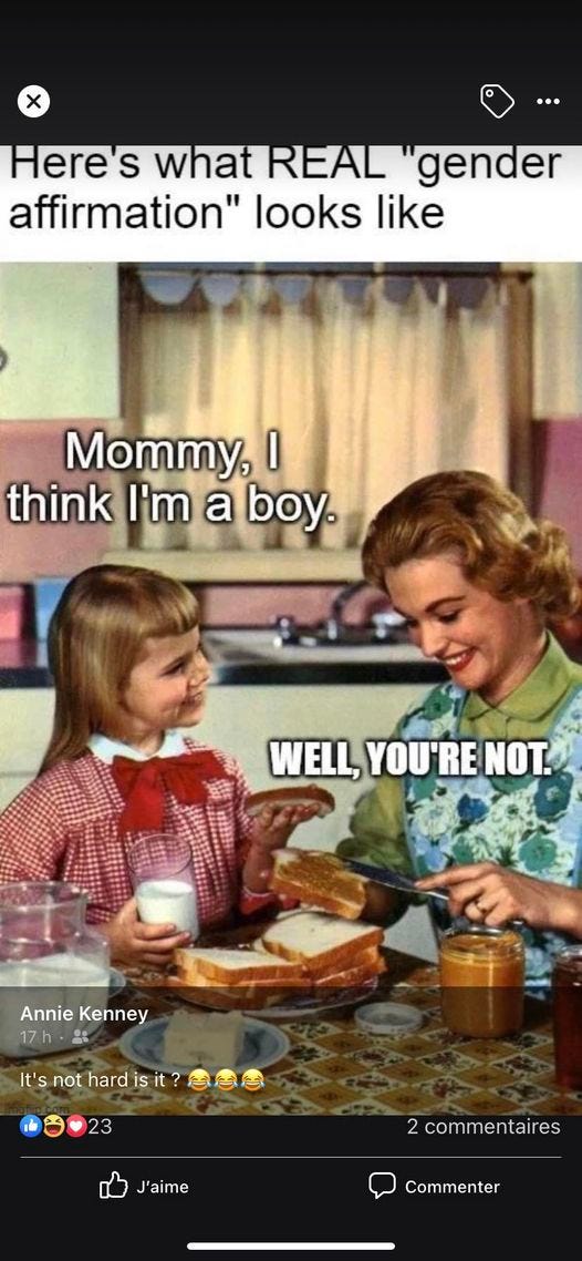 May be an image of 2 people and text that says 'Here' S what REAL gender affirmation" looks like Mommy, I think I'm a boy. YOU'RE WELL,YU'RET NOT. Annie Kenney I''s not s J'aime 2commentaires Commenter'