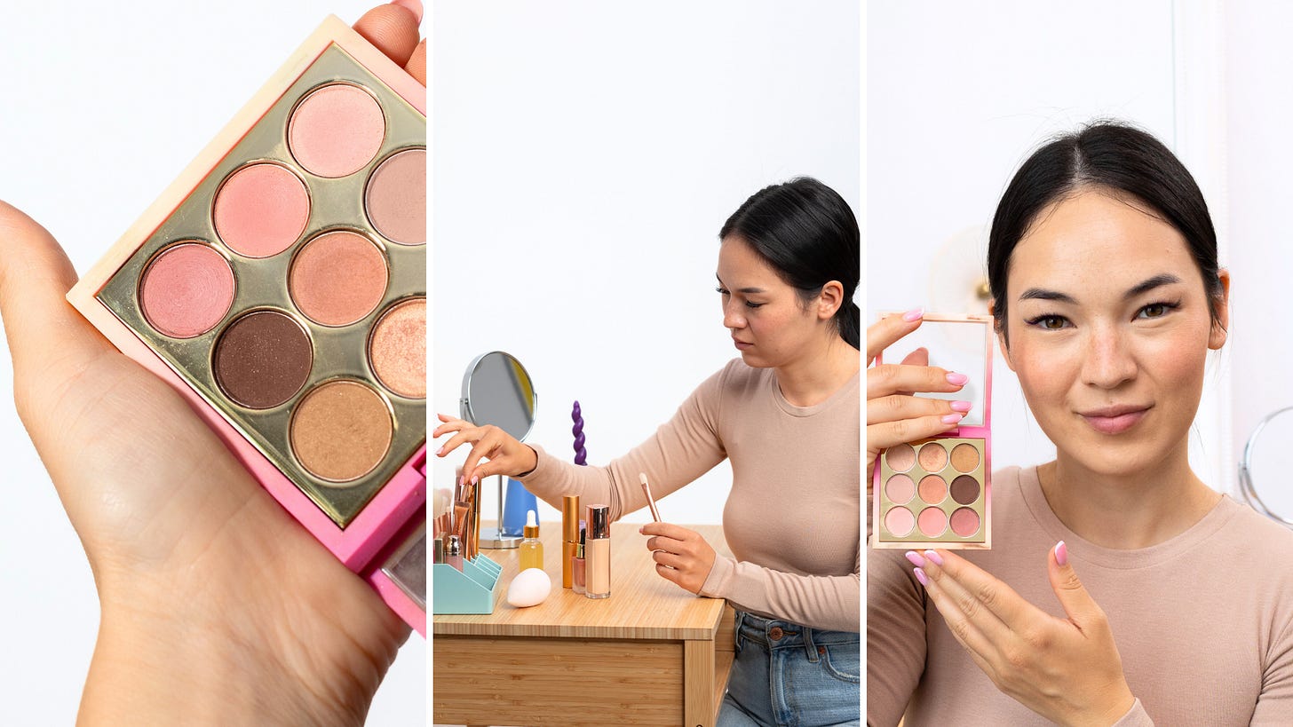 A young woman holds and eyeshadow kit, grabs makeup tools, and shows her face after application.