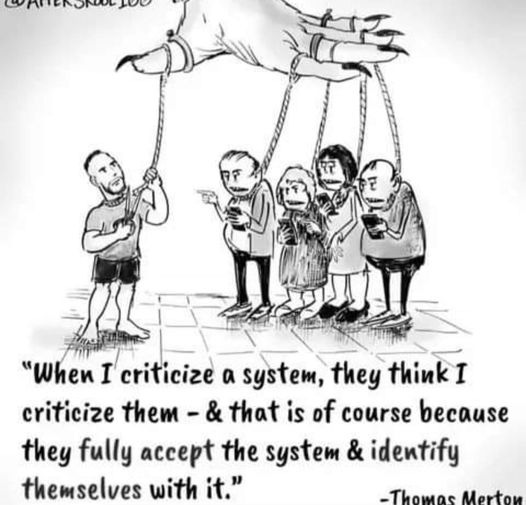 May be an image of text that says "oToлoBAoo "When I criticize α system, they think criticize them & that is of course because they fully accept the system & identify themselves with it." -Thomas Merton"