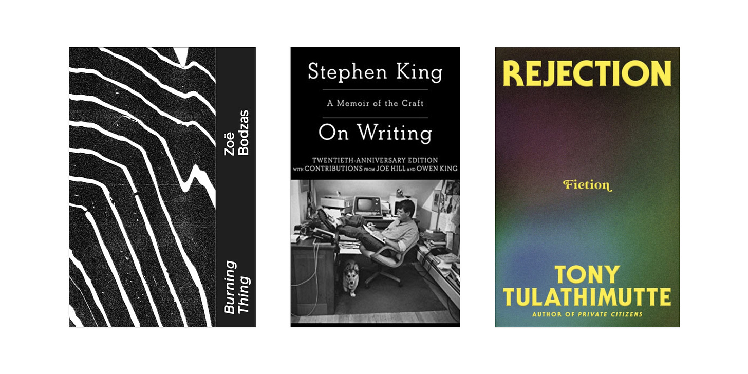 Book covers for Burning Thing by Zoë Bodzas, On Writing by Stephen King, and Rejection by Tony Tulathimutte