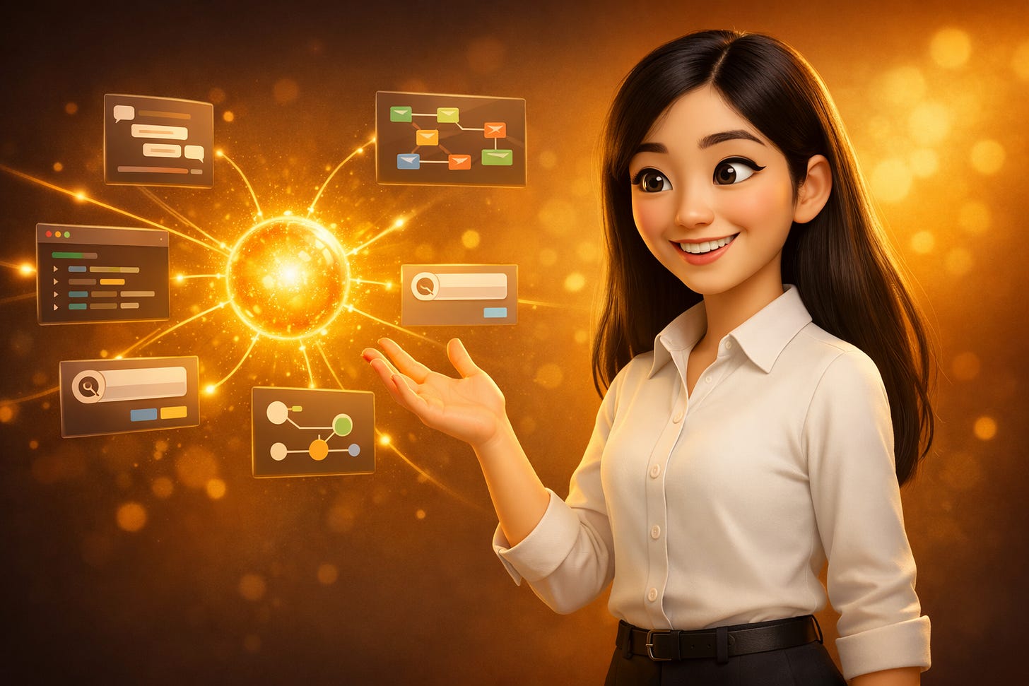 Pixar-style 3D illustration of Jenny Ouyang from Build to Launch revealing how multiple AI agent interfaces — chat, code, workflow — all connect to one simple glowing core pattern, representing the unified framework behind agent terminology Pixar-style 3D illustration of Jenny Ouyang from Build to Launch revealing how multiple AI agent interfaces — chat, code, workflow — all connect to one simple glowing core pattern, representing the unified framework behind agent terminology