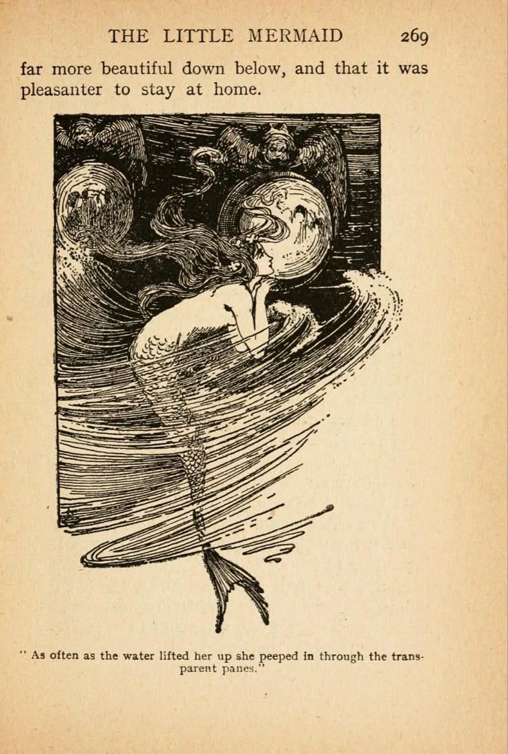 This may contain: an old book with a drawing of a mermaid swimming in the ocean, and text that reads'for more beautiful down below, and that it was pleasant to stay at home
